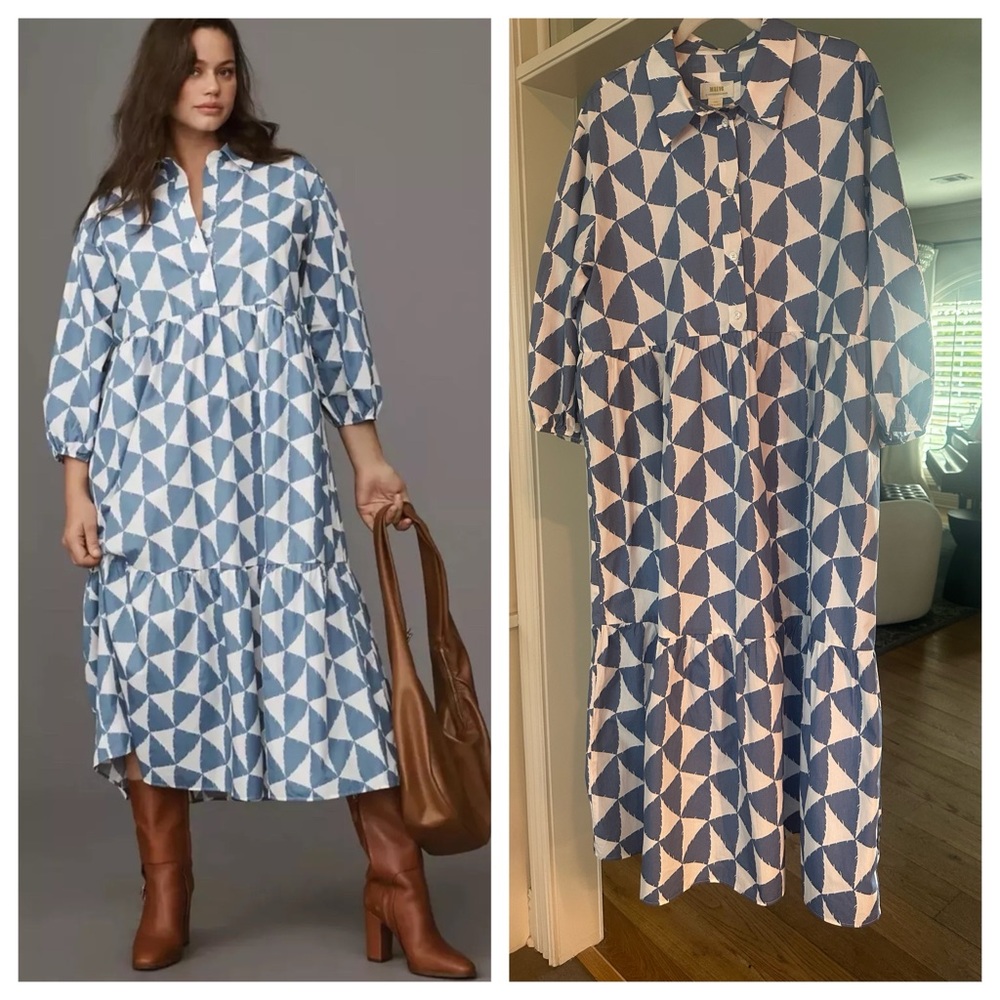Anthropologie Maeve The Bettina Tiered Shirt Midi Dress L Blue Geo Long Sleeve